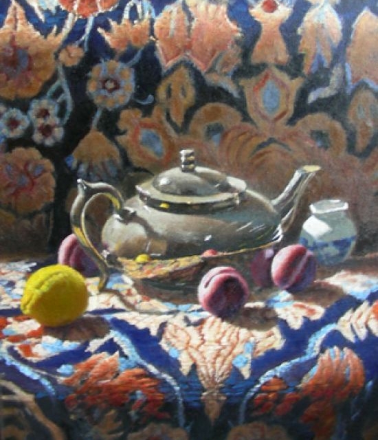 Rug, teapot and fruit
